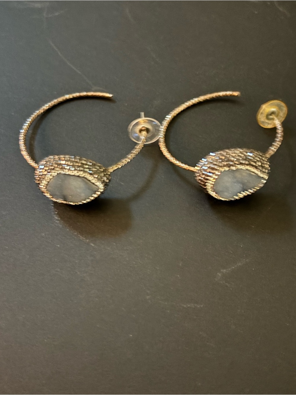 Silver Tone Hoop Earrings with Blue Stone Accent